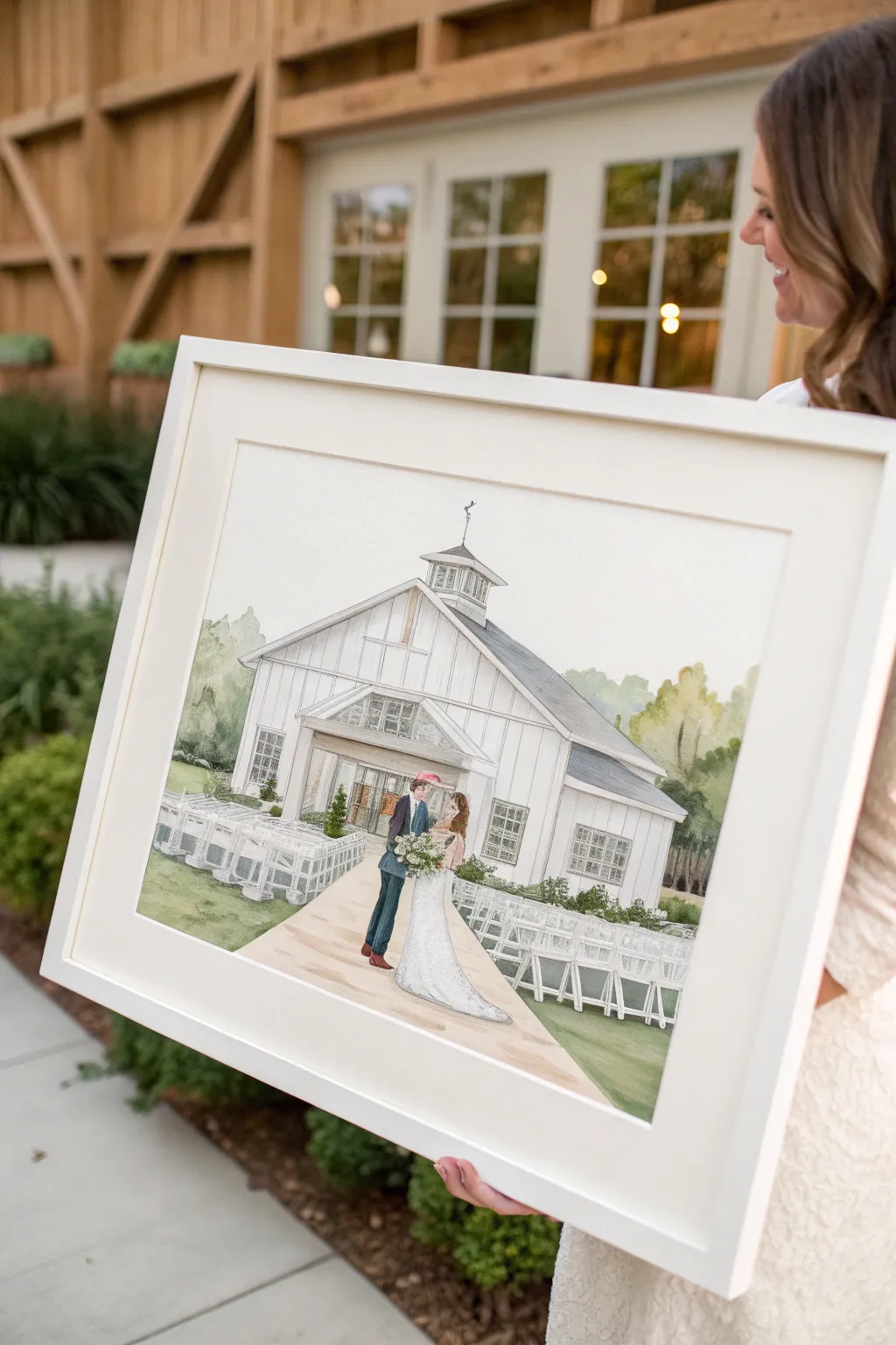 A storybook venue portrait painting with the couple small and centered, timeless and romantic.