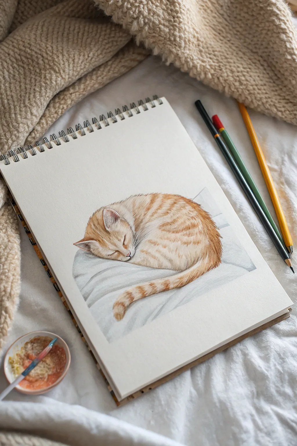 Cozy curled-up pet portrait sketch with soft fur strokes and gentle shadows for a calm afternoon vibe