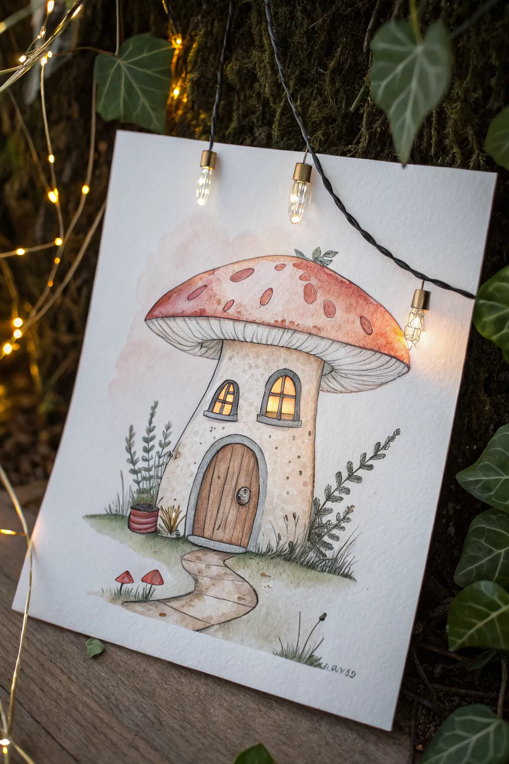 Draw a cozy mushroom cottage with vine lanterns and glowing dots for dreamy forest whimsy