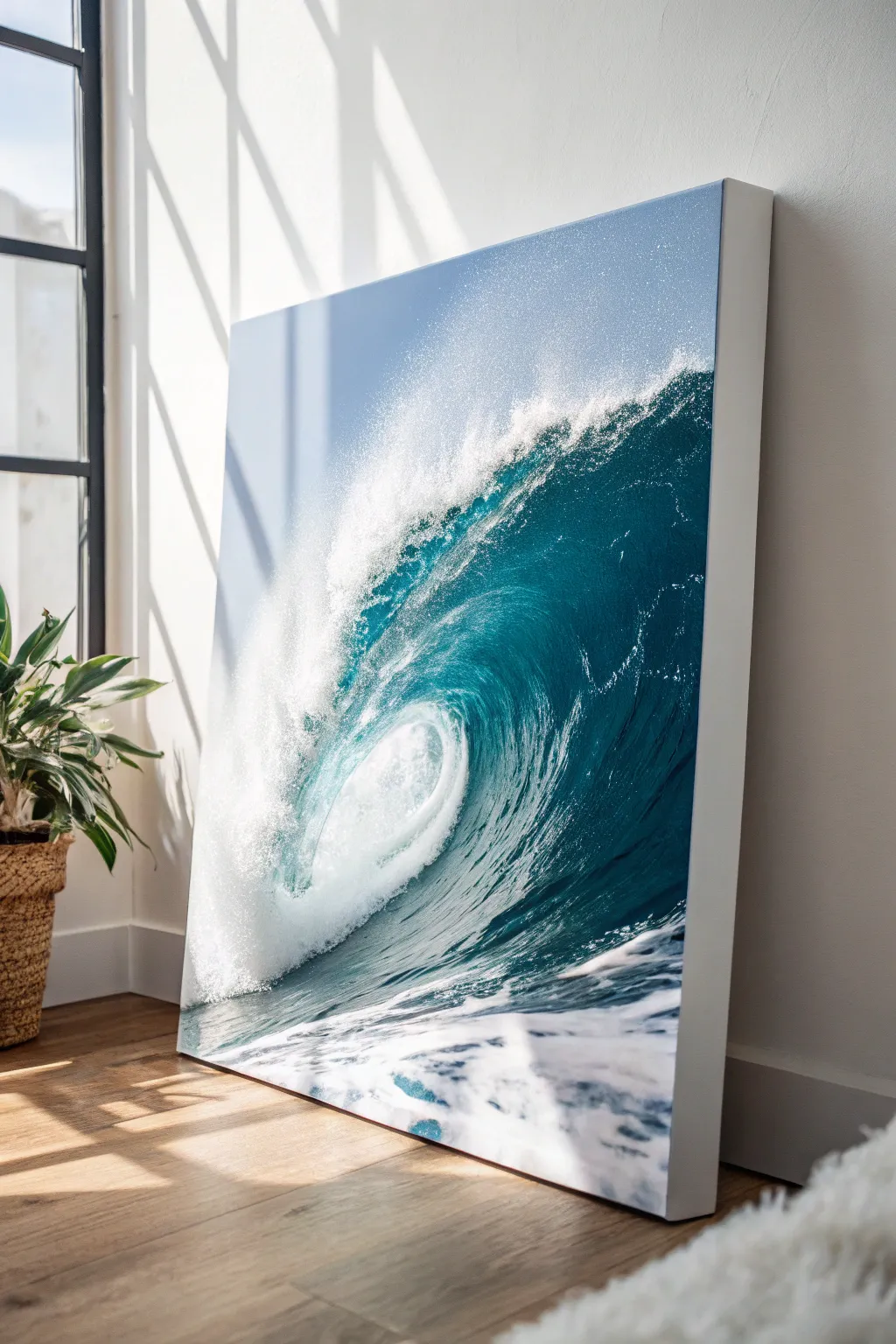 Deep teal wave with luminous white foam highlights for a crisp minimalist canvas project.