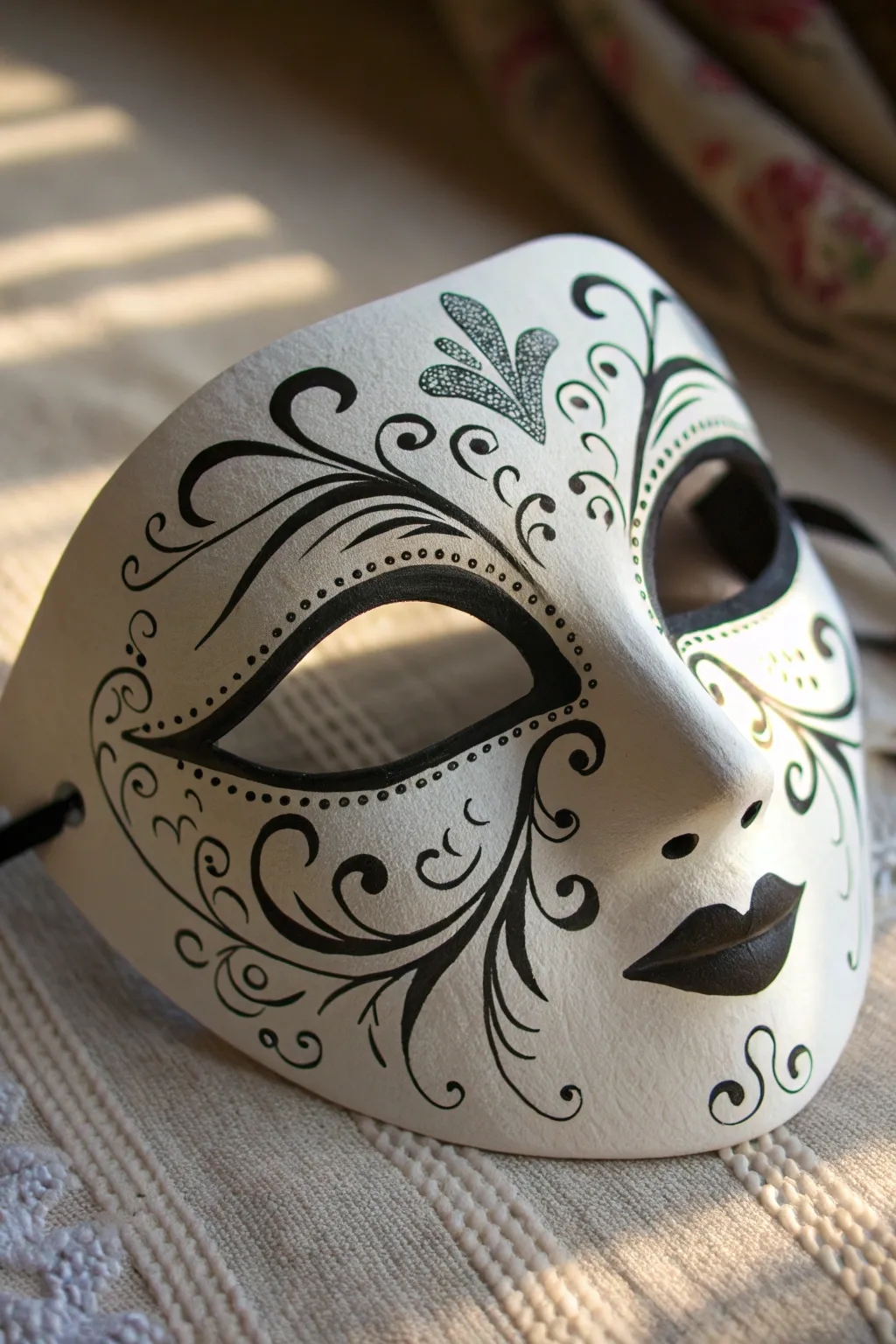 White masquerade mask with black filigree swirls, minimalist drama and high-contrast detail