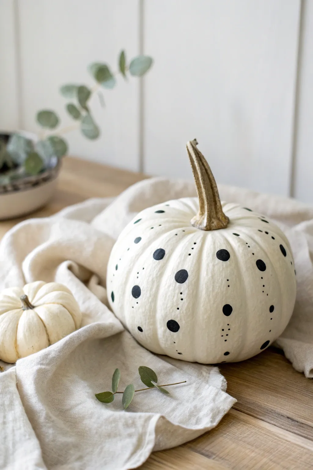 Modern neutral white pumpkin with hand-painted black dots and dashes on soft linen
