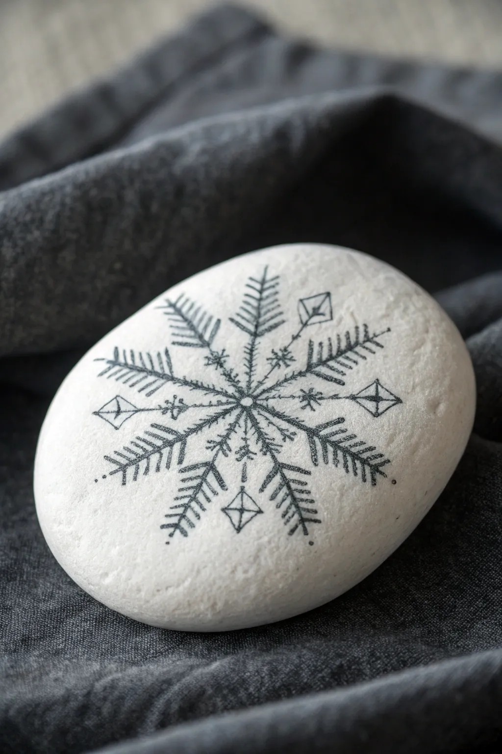 Lacy snowflake linework on a white rock, minimalist winter charm for easy rock painting.