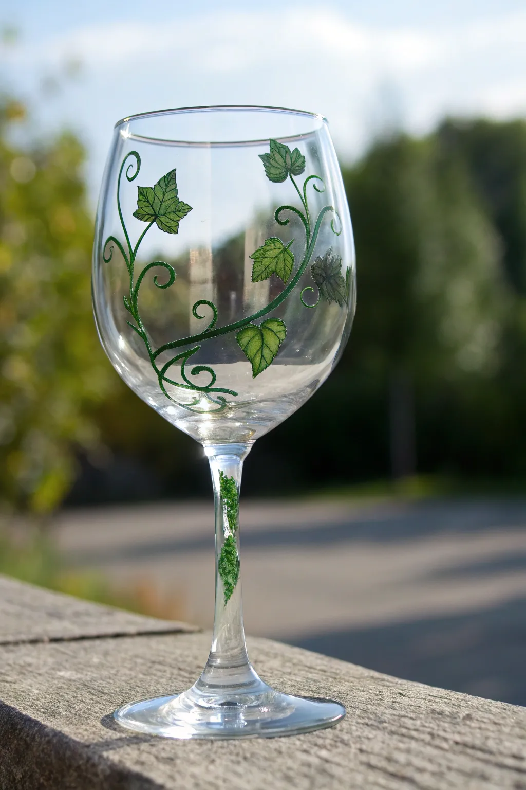 Easy leafy vine wrap: a simple green spiral and chunky leaves for beginner wine glass painting