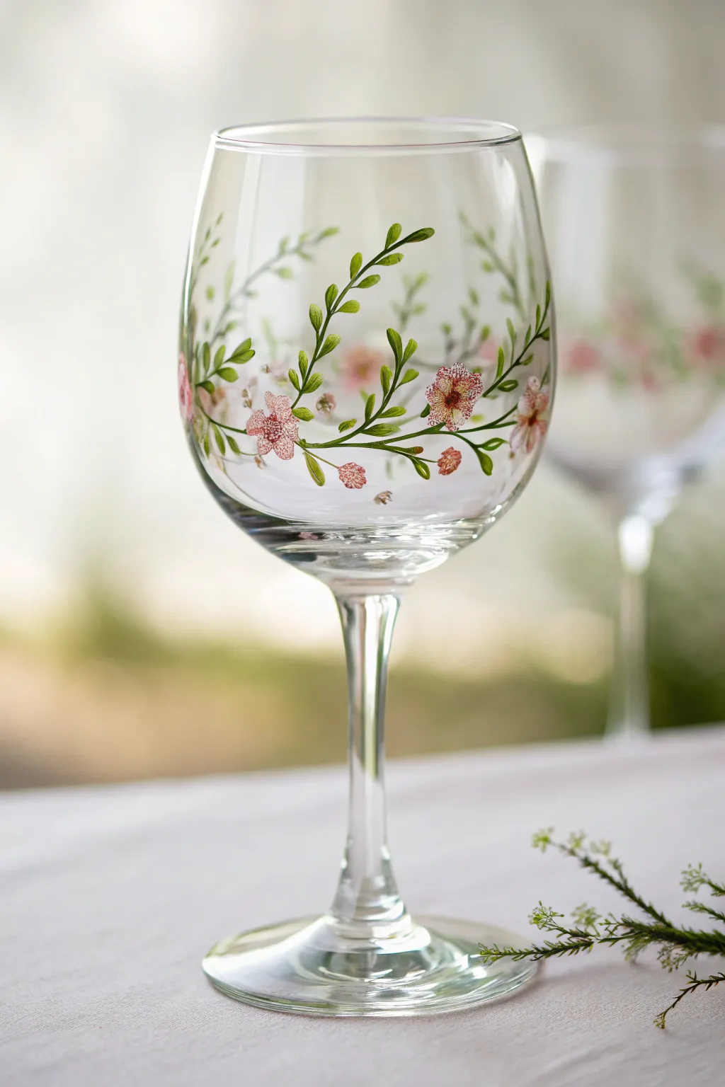 Delicate floral vine garland circling the rim area for an elegant, minimalist wine glass.