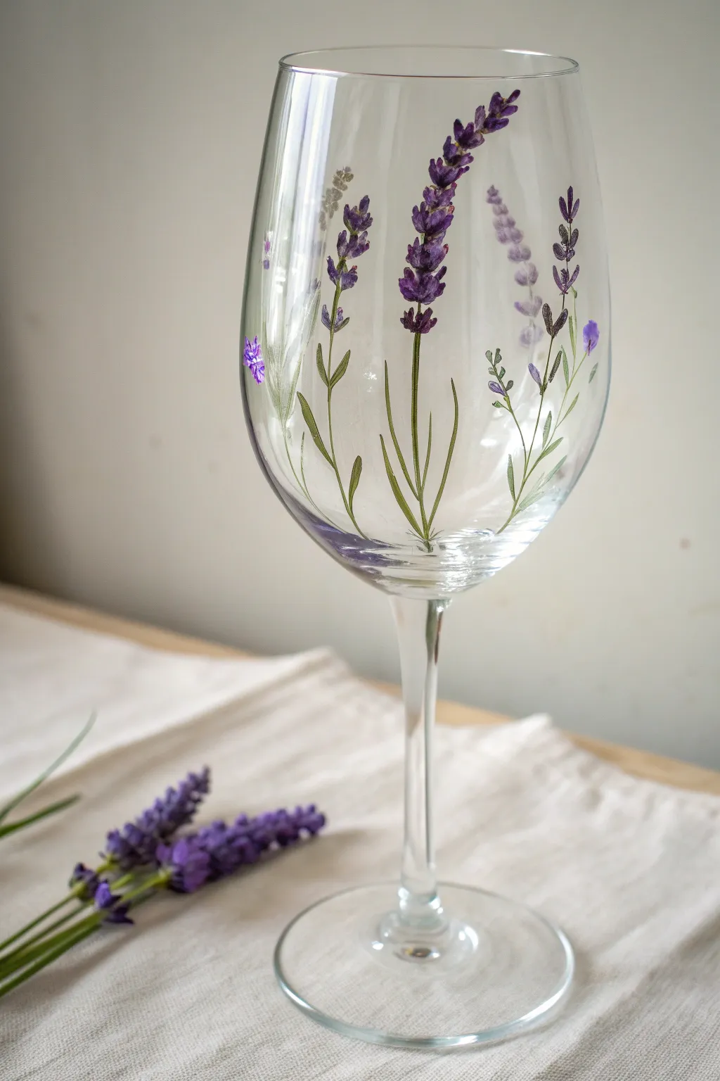 Minimal wine glass art with loose lavender sprigs in soft purples and sage greens
