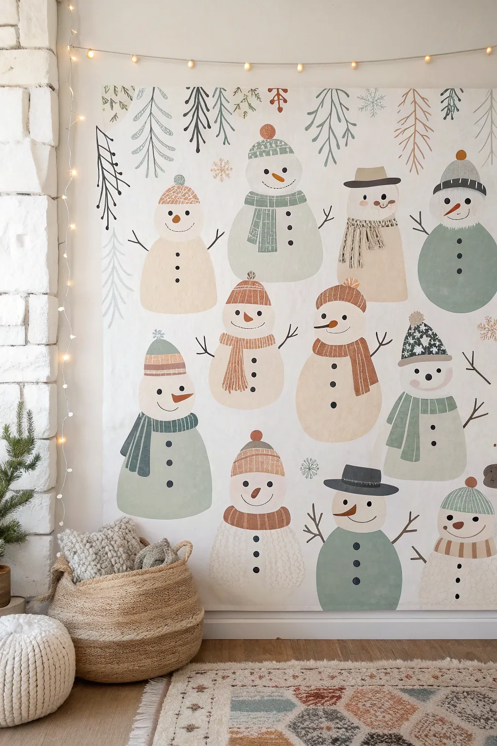 Snowman crowd mural idea with minimalist Nordic vibes, soft boho scarves, and clear contrast