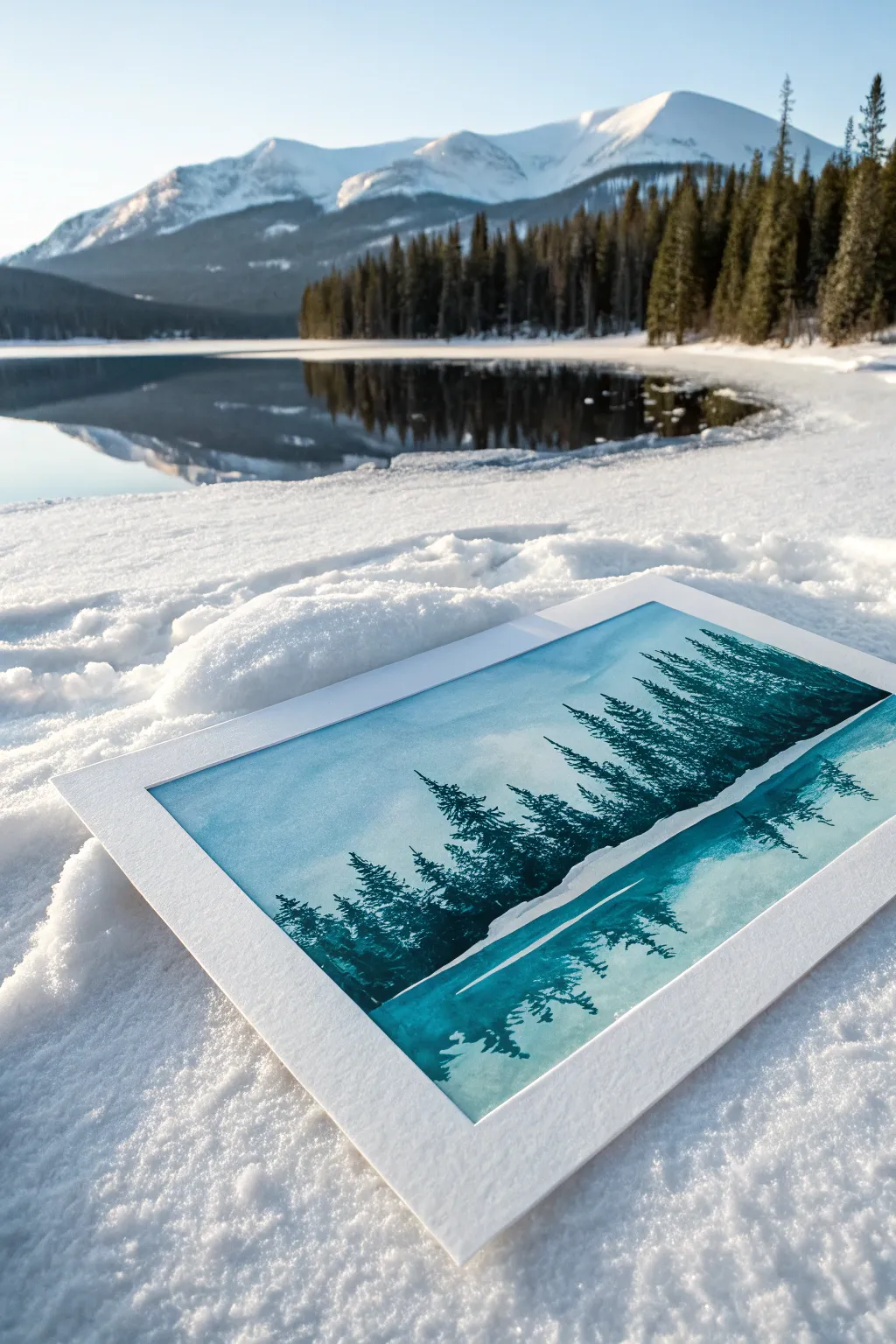 Capture the magic of winter silence with this stunning frozen lake reflection painting.