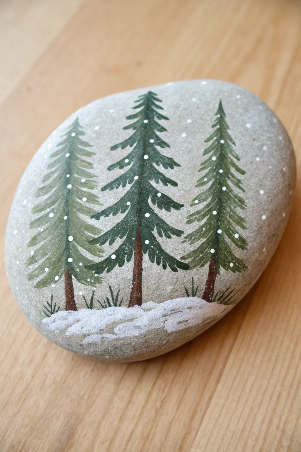 Cozy winter rock art: three layered evergreen trees with snowy tips in minimalist Nordic style