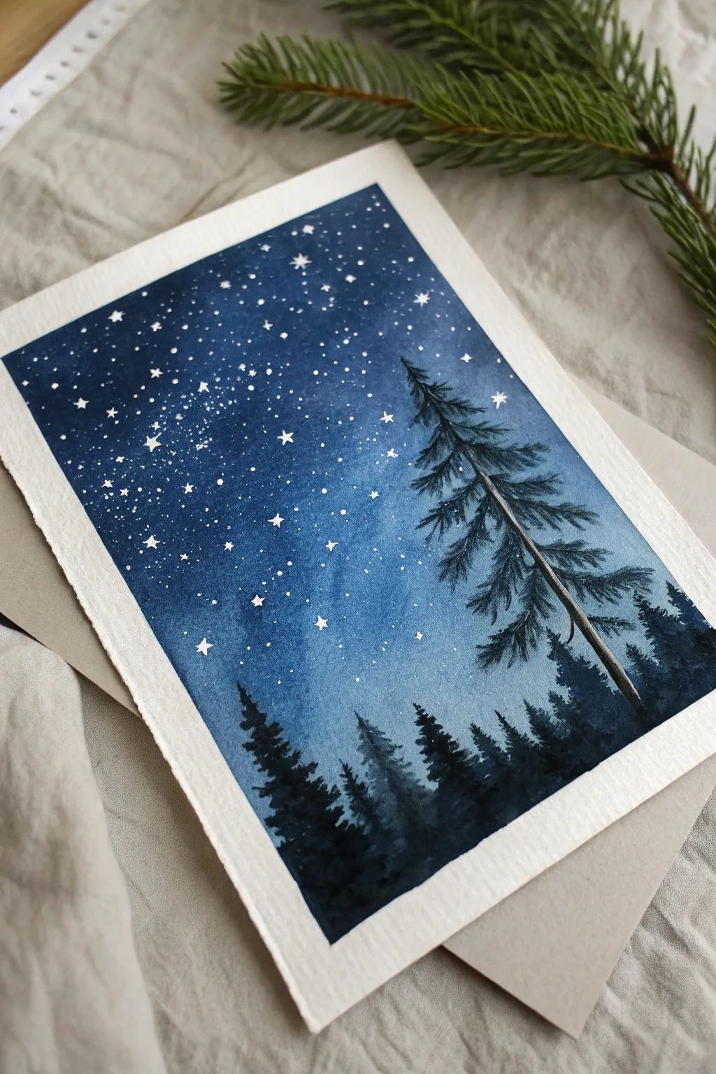 Starry indigo winter watercolor with delicate snow splatters and a quiet pine silhouette.