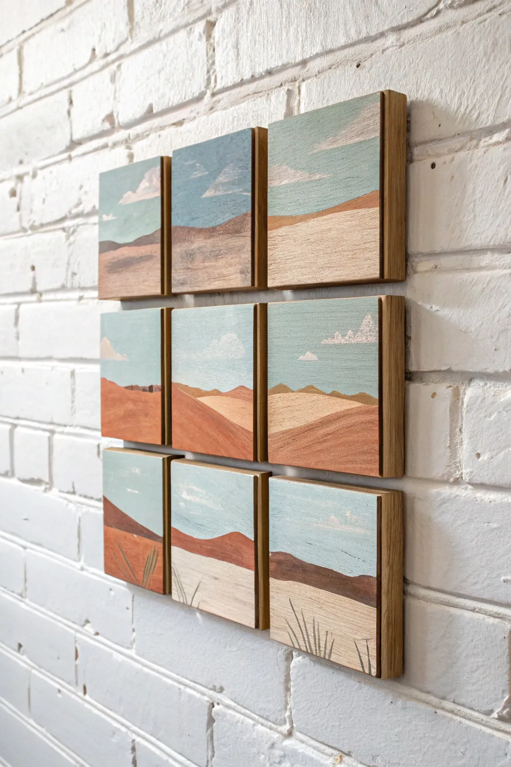 Nine mini landscape wood blocks in a clean 3x3 wall grid for calm Scandinavian boho vibes.