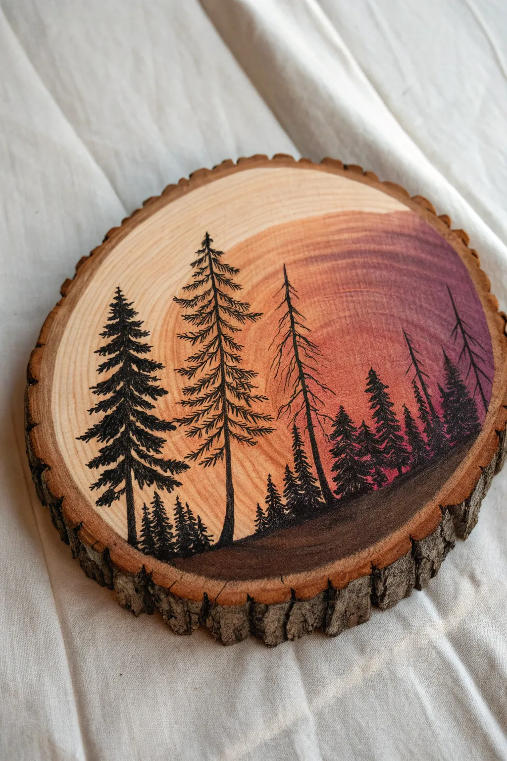 Warm sunset gradient with dark pine silhouettes on a wood slice, minimal and calming drawing idea