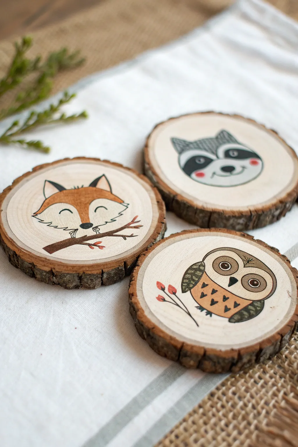 Adorable woodland animal portraits painted on wood slices, a cozy minimalist set for beginners