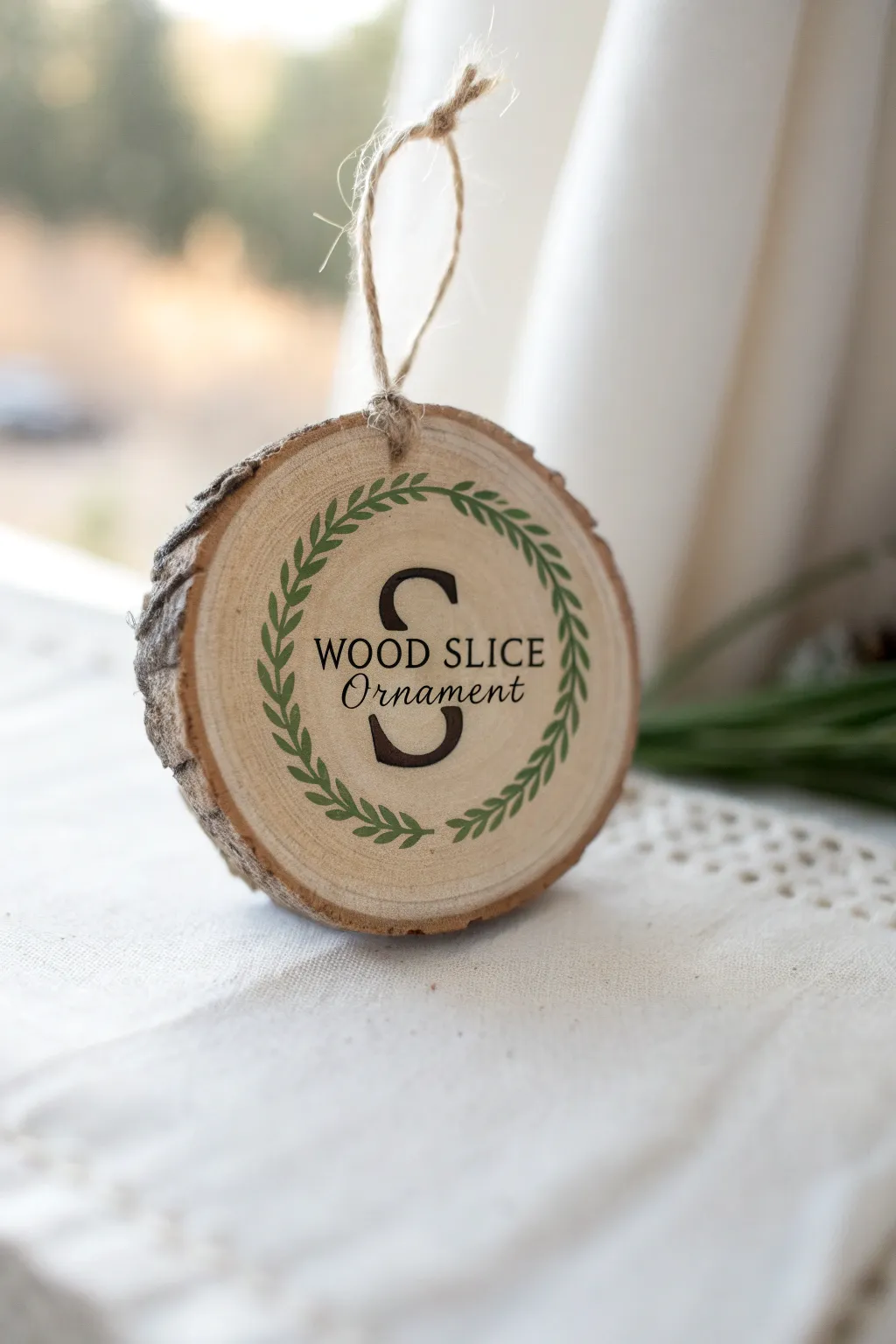 Rustic wood slice wreath monogram, minimal and boho, perfect for handmade decor at home.