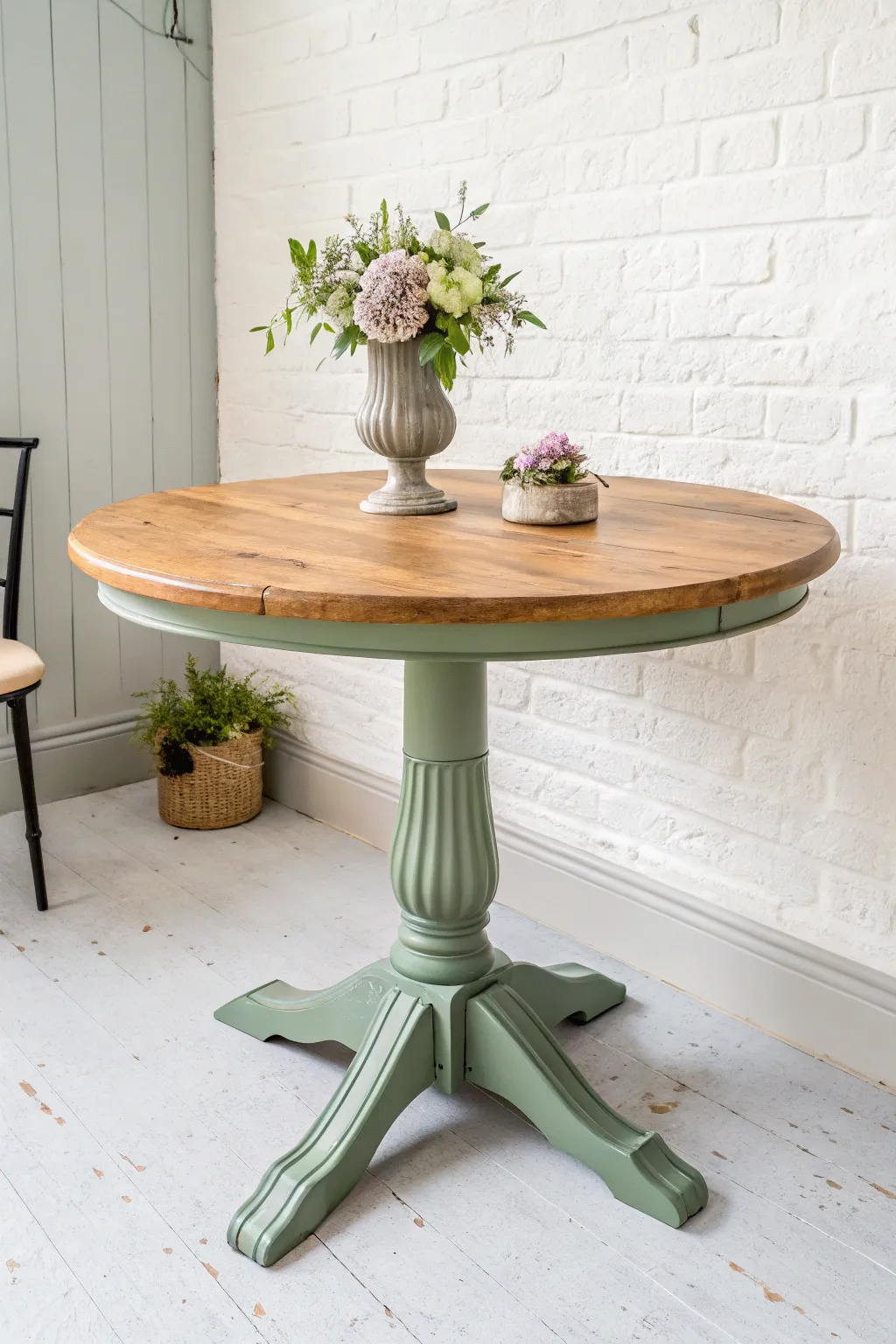 Round wood table with a muted sage painted pedestal base, minimalist boho and high contrast.