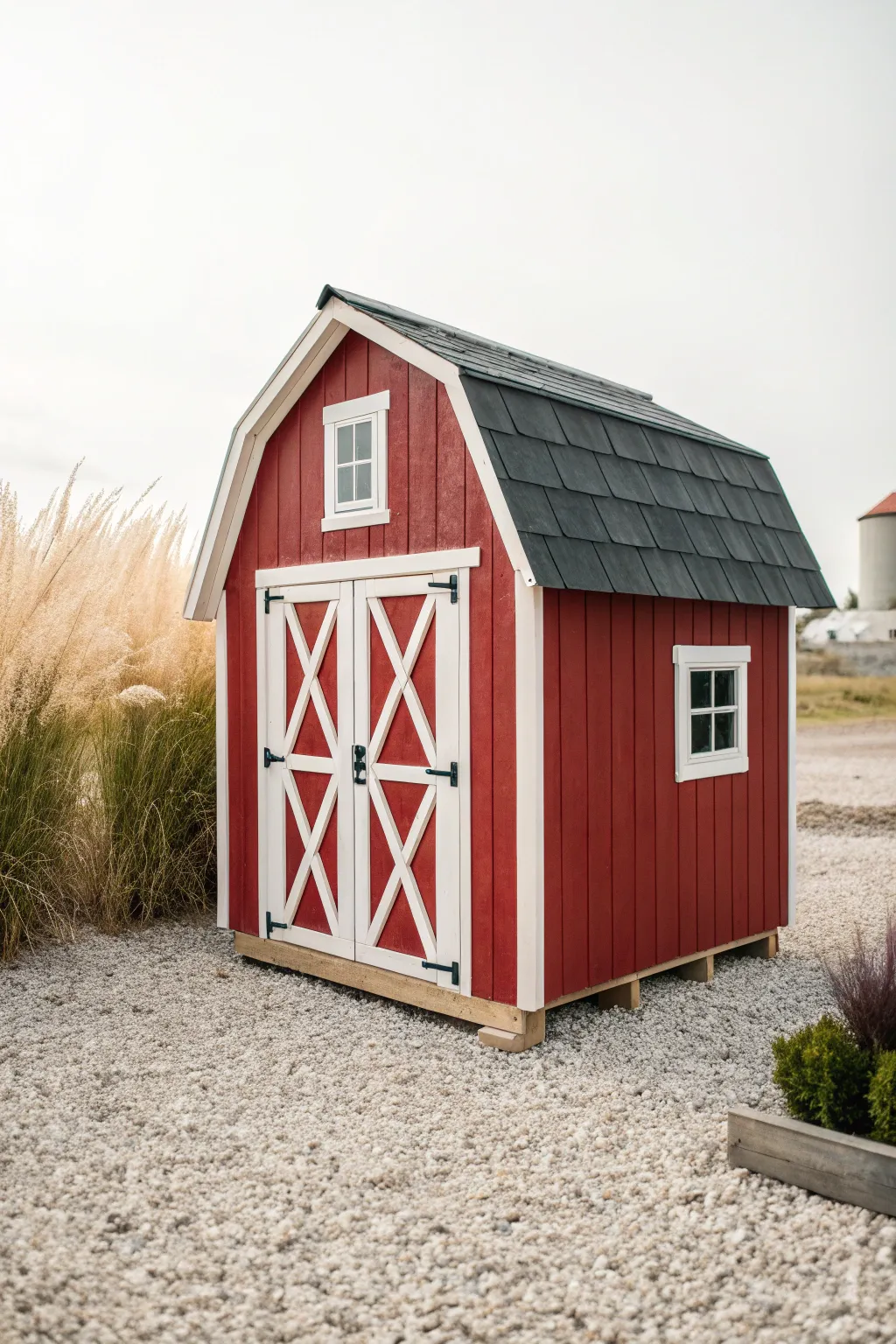 Classic barn-red playhouse with crisp white trim for a timeless, cheerful backyard look.