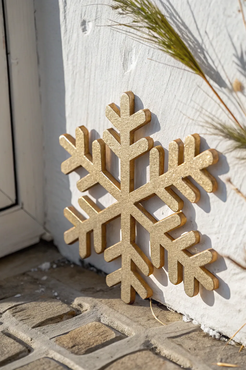 Hand-painted metallic wooden snowflake with glossy sheen and clean minimalist Scandinavian styling