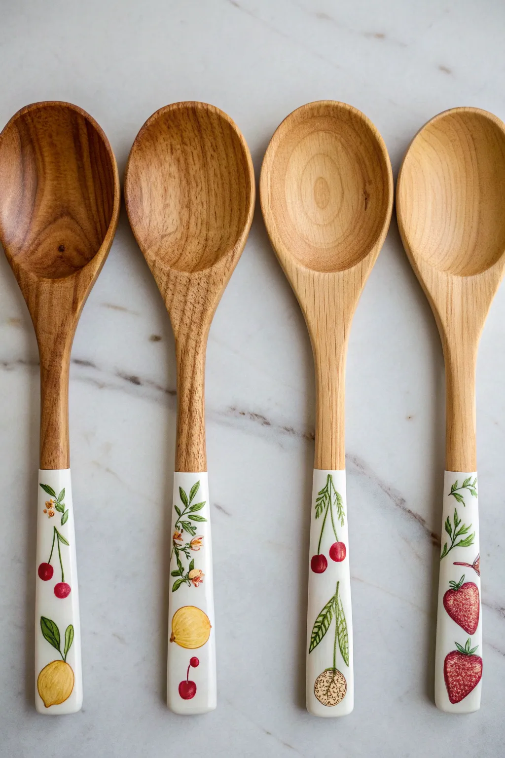 Paint a tiny fruit pattern on wooden spoons for a sweet, minimalist kitchen accent.
