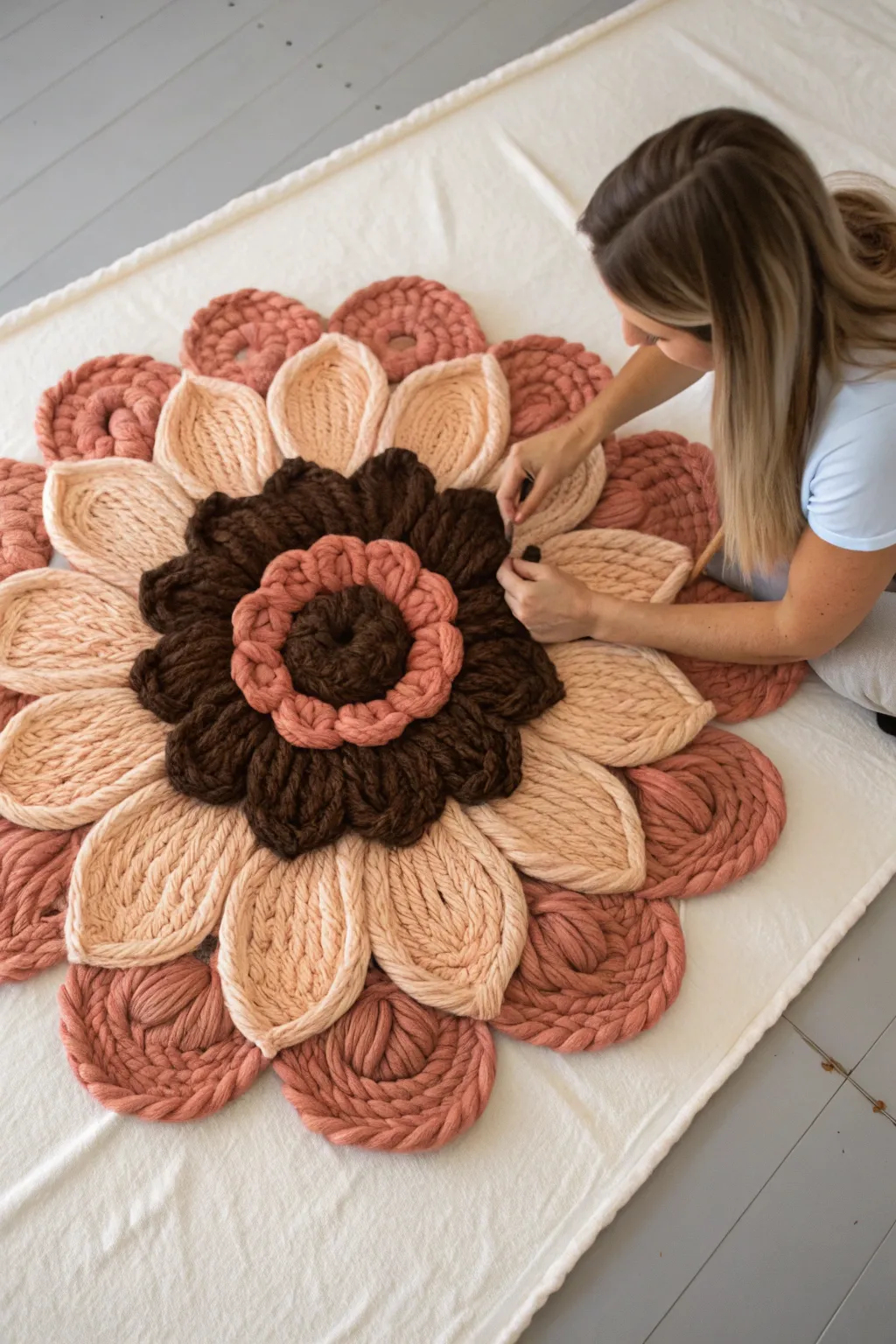 Big bold yarn petals and a textured center, captured mid-process for cozy minimalist boho vibes.