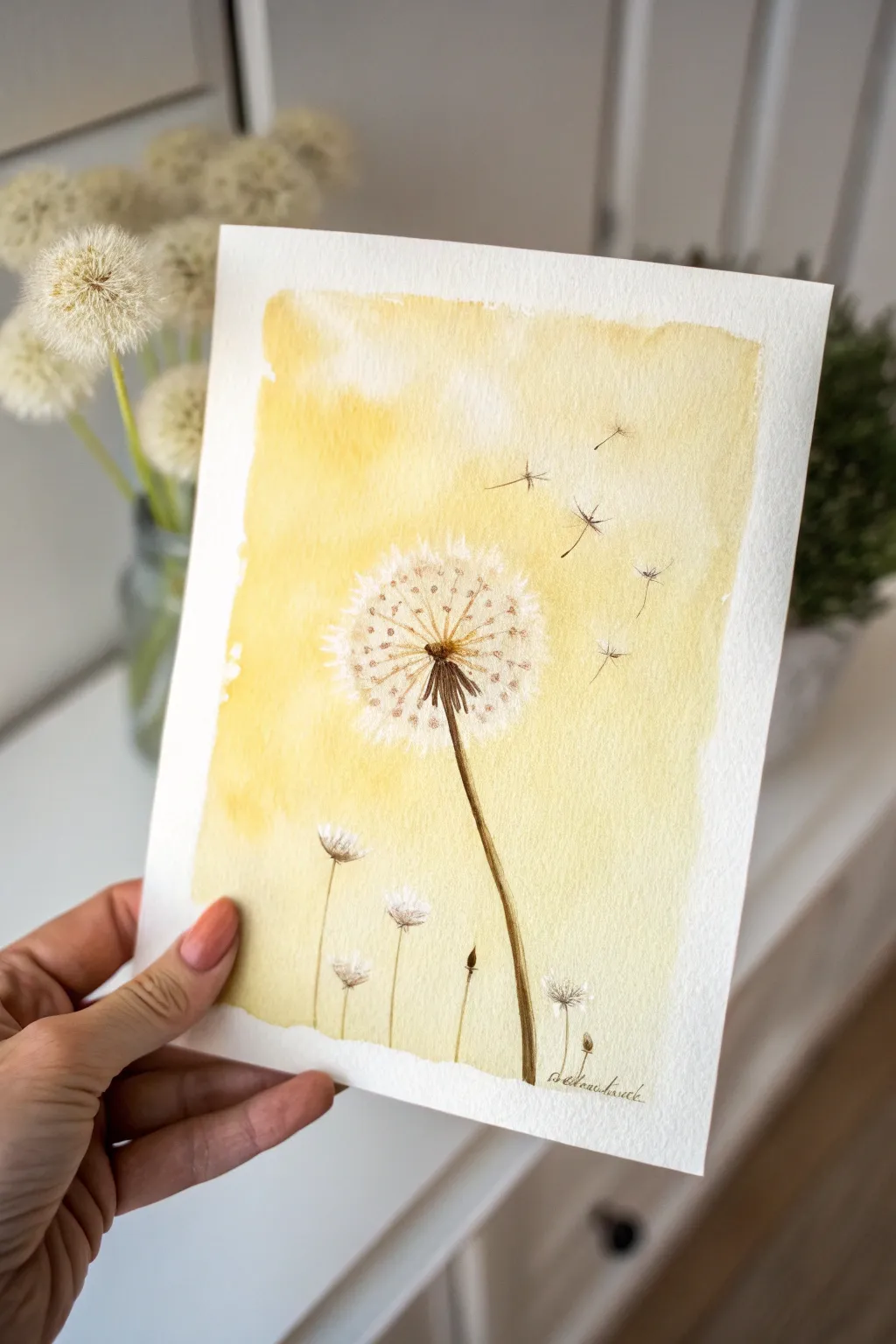 Soft yellow wash with a delicate white dandelion puff and drifting seeds, calm and minimal.