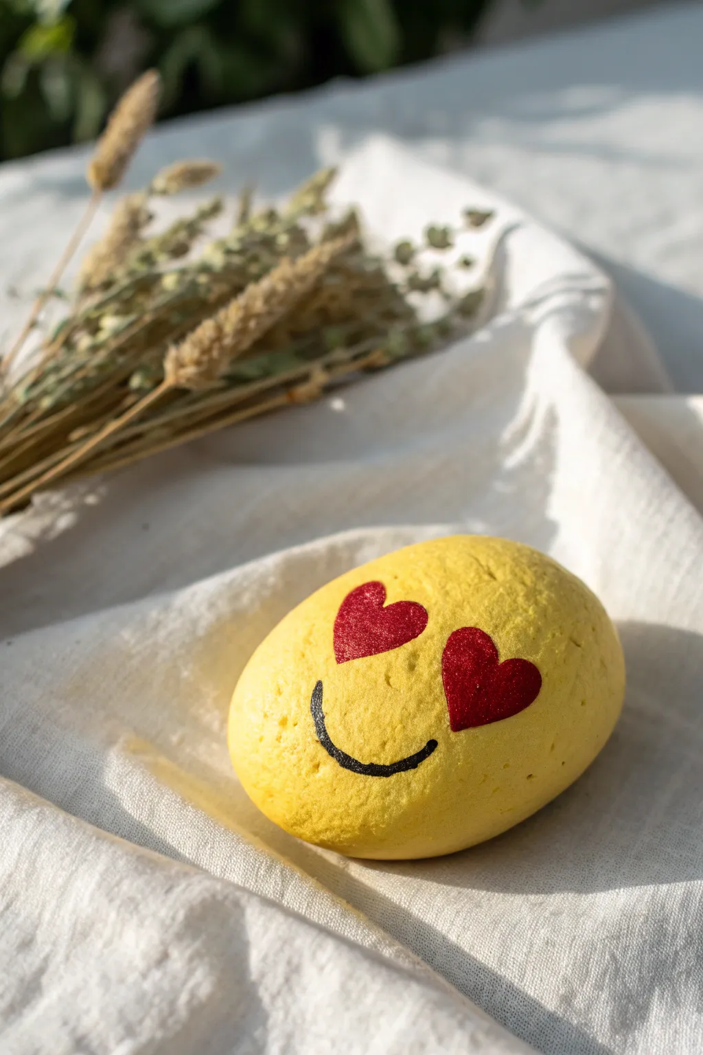 Sweet heart-eyes face on a sunny yellow rock, styled simply for cozy Scandinavian-boho vibes.