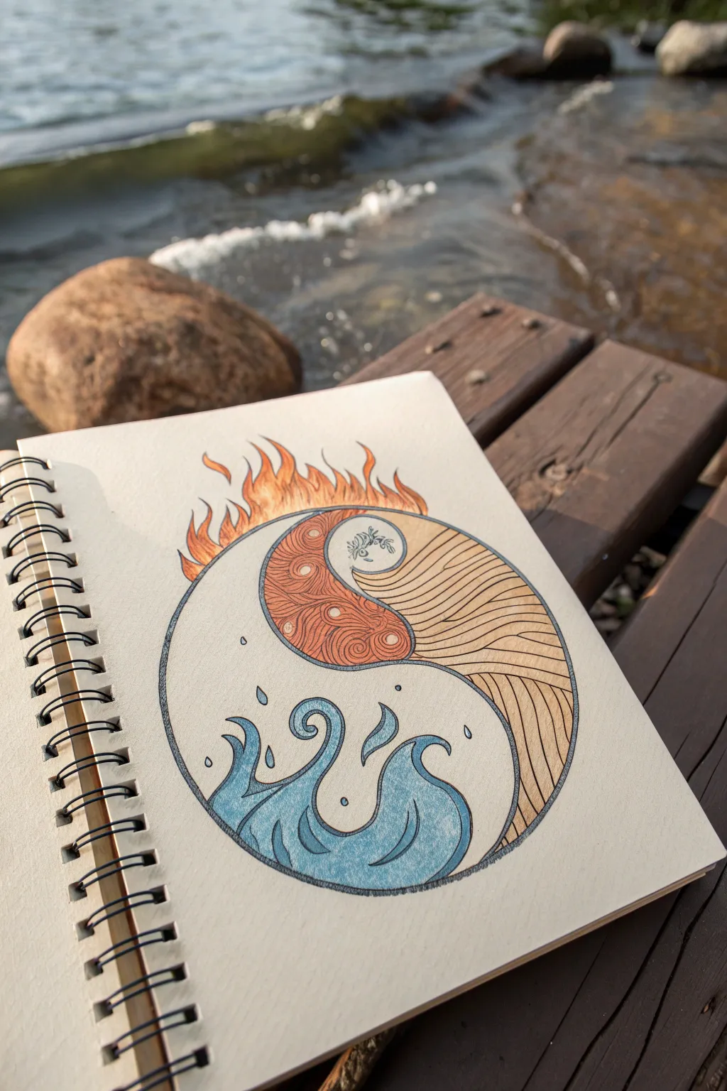 Fire meets water in a minimalist yin yang: bold flames and flowing waves for dynamic balance.