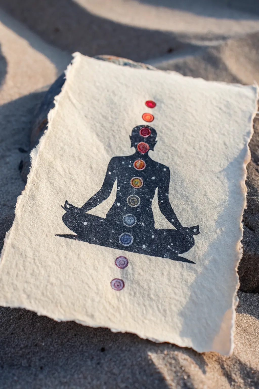 Minimal meditation silhouette with glowing chakra dots, a calm yoga painting idea for beginners.