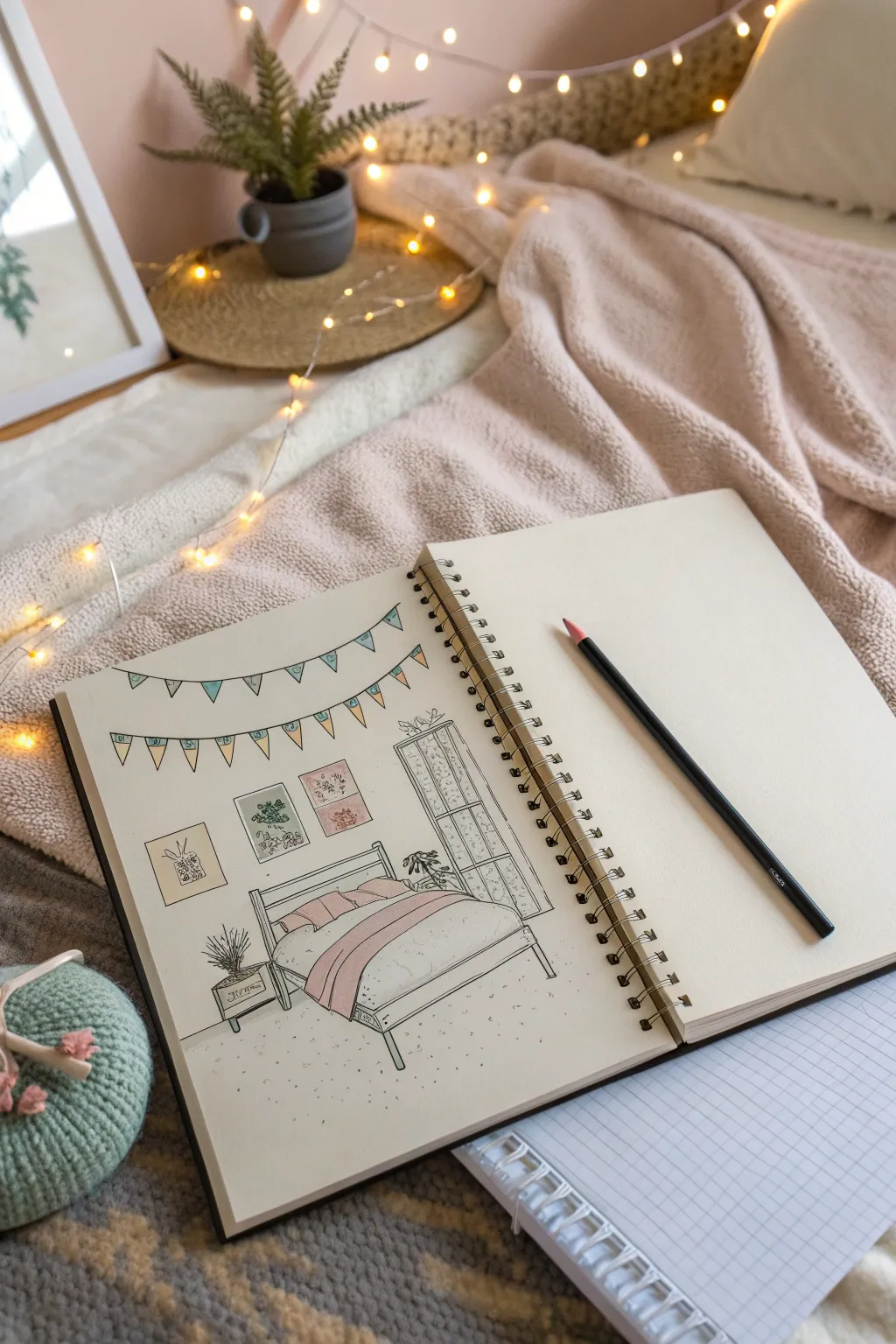 Dream bedroom redesign sketch in one-point perspective with cozy minimalist boho details