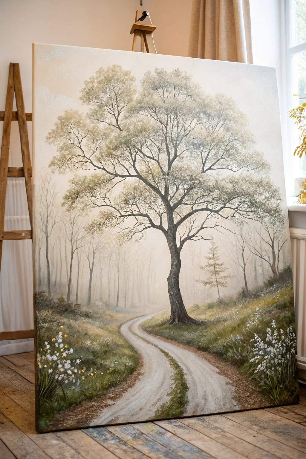 Whimsical acrylic tree with textured foliage and a misty path into cozy woodland depths