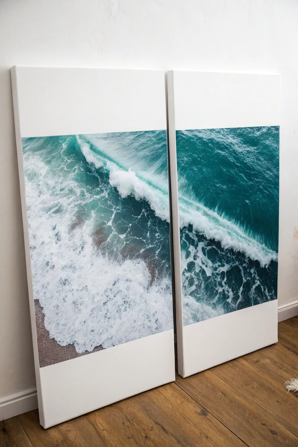 A seamless diptych wave line flowing across two canvases, crisp foam highlights and calm contrast