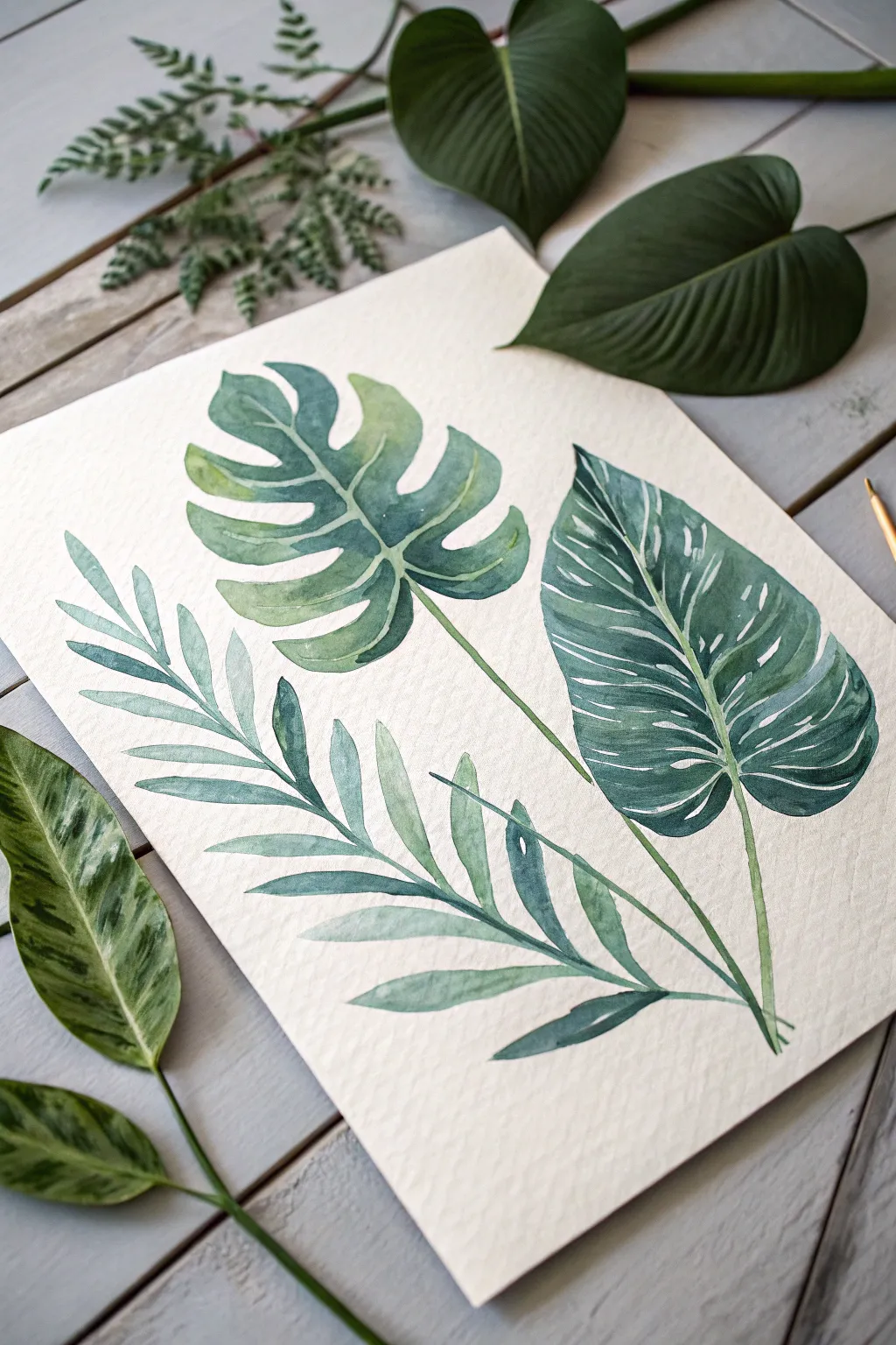 Minimal triad botanicals: green leaves on cream with deep navy veins for crisp contrast.