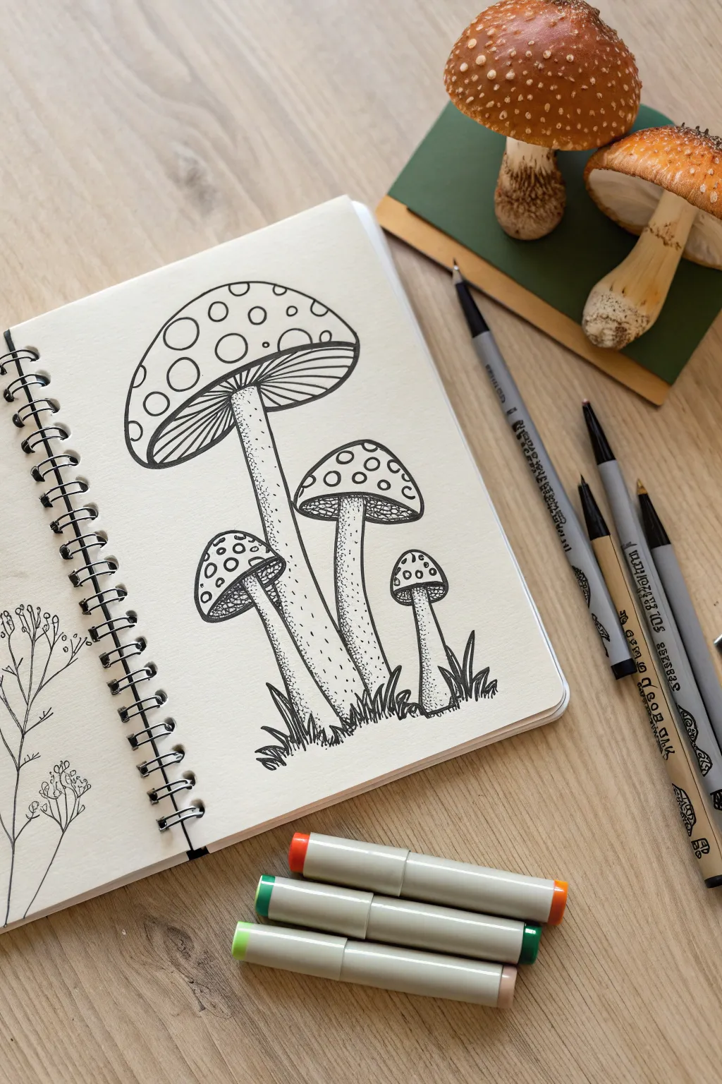 Mushroom cluster line art with dotted and striped caps, colored using only three markers