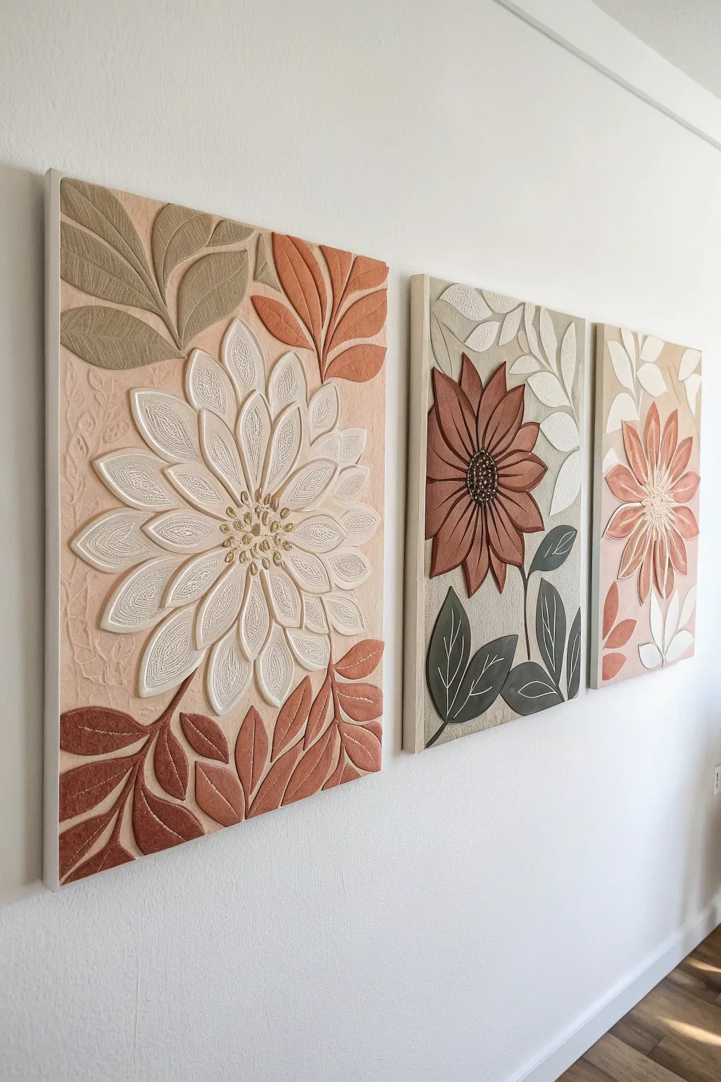 Abstract floral triptych in soft boho neutrals, crafted texture and calm Scandinavian simplicity.