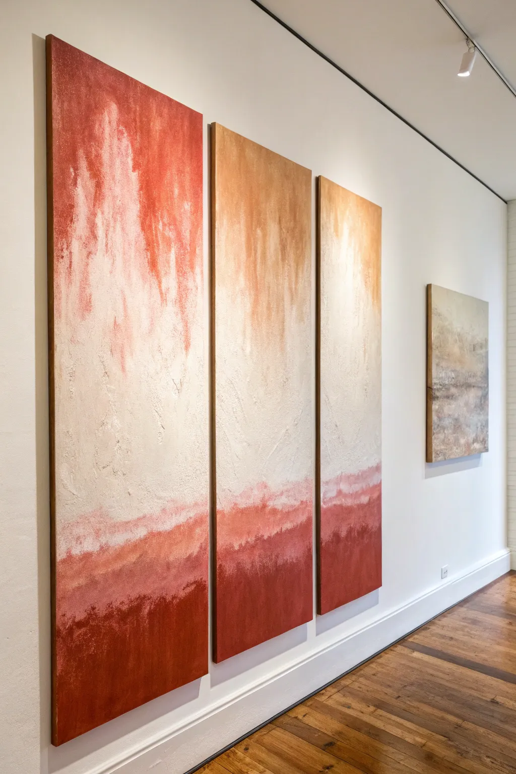 Minimalist 3-panel abstract color field with a glowing center and brushy spillover edges