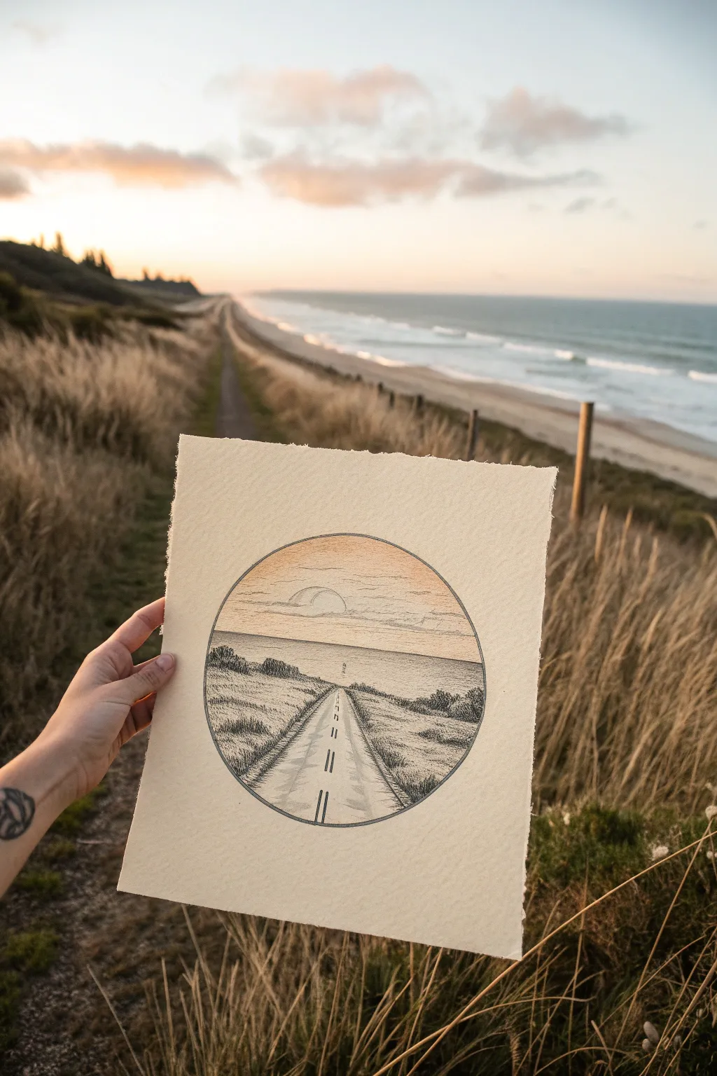 One-point perspective road inside a circle, minimalist Scandinavian boho sketch to copy