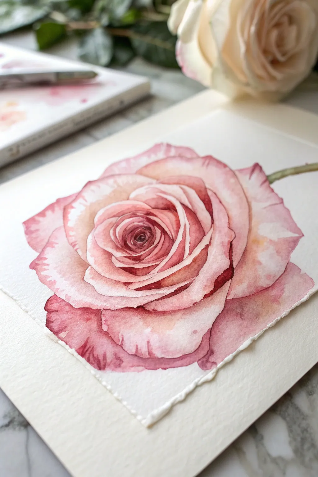 Single rose bloom in two easy watercolor washes, soft center depth and crisp white highlights.