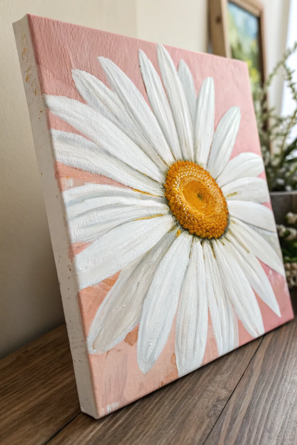 Beginner acrylic daisy close-up: bold white petals and a sunny center on a calm background