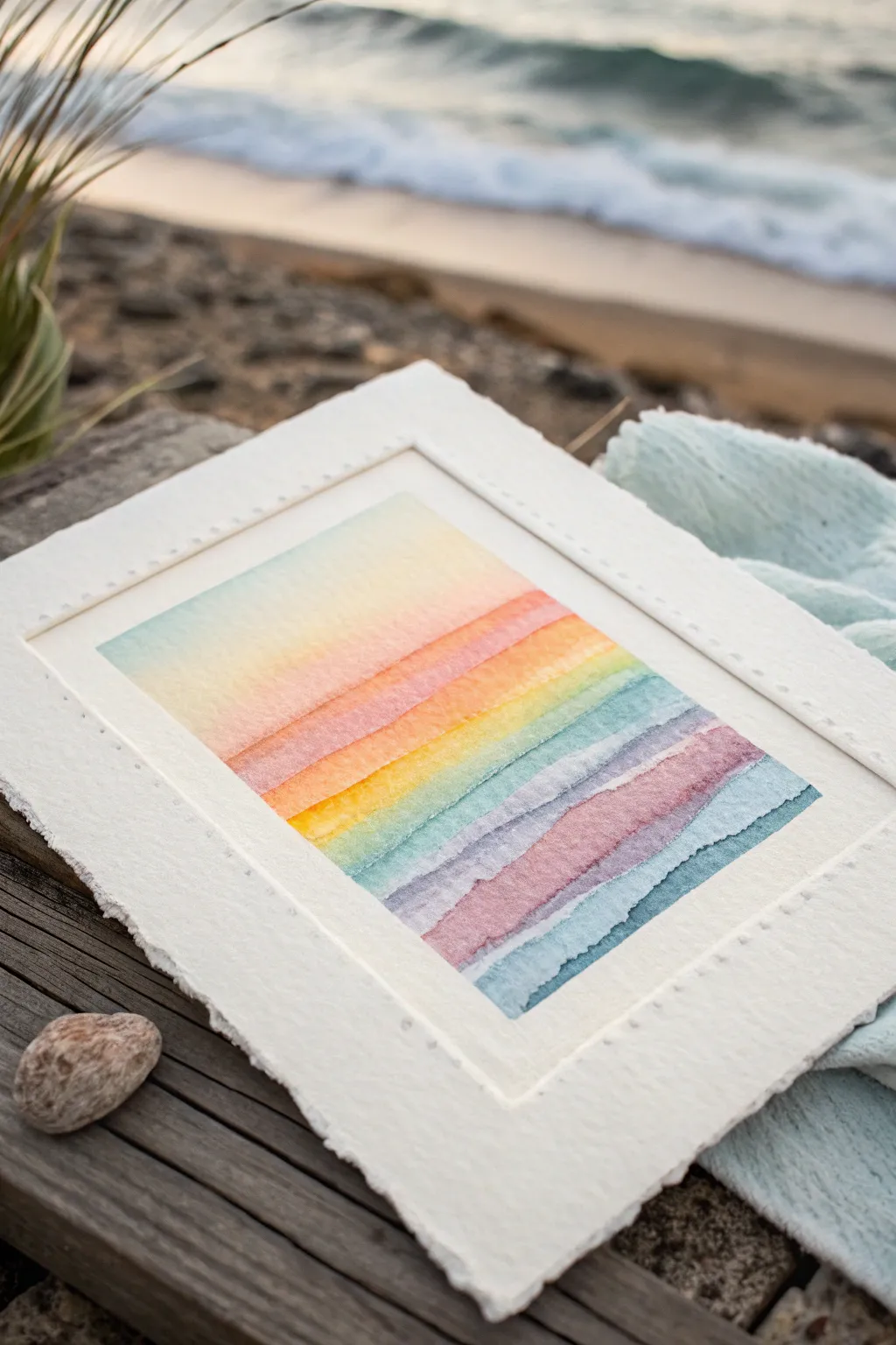 Repeating dash marks in a soft rainbow gradient, minimalist and handcrafted with calm boho energy.