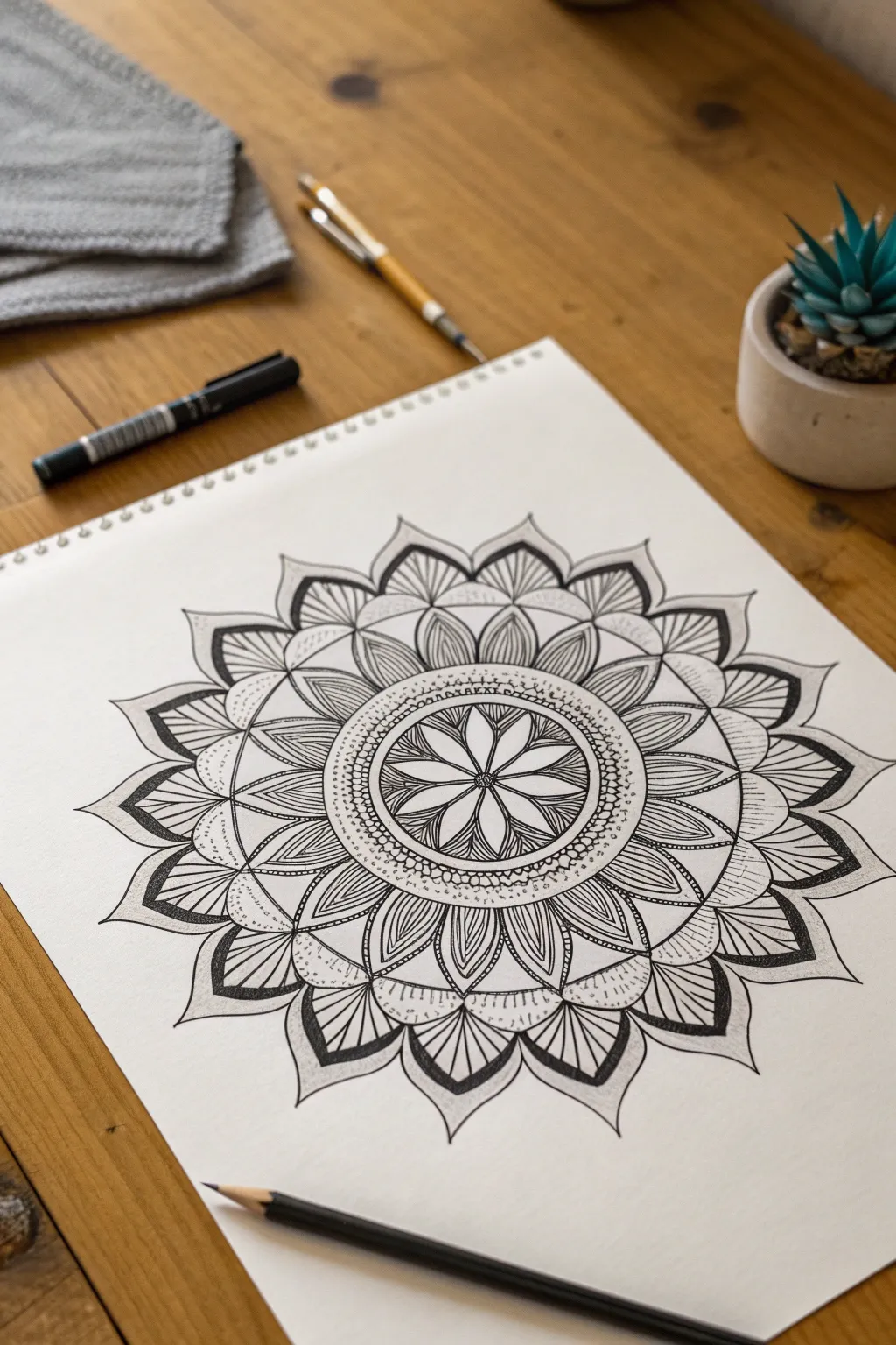 A minimalist mandala with bold zigzags, loops, and stripes for fresh abstract drawing ideas