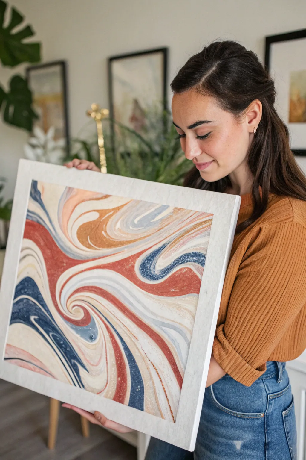 Marbled ribbon swirls in earthy tones and indigo, with airy negative space for boho-minimal calm