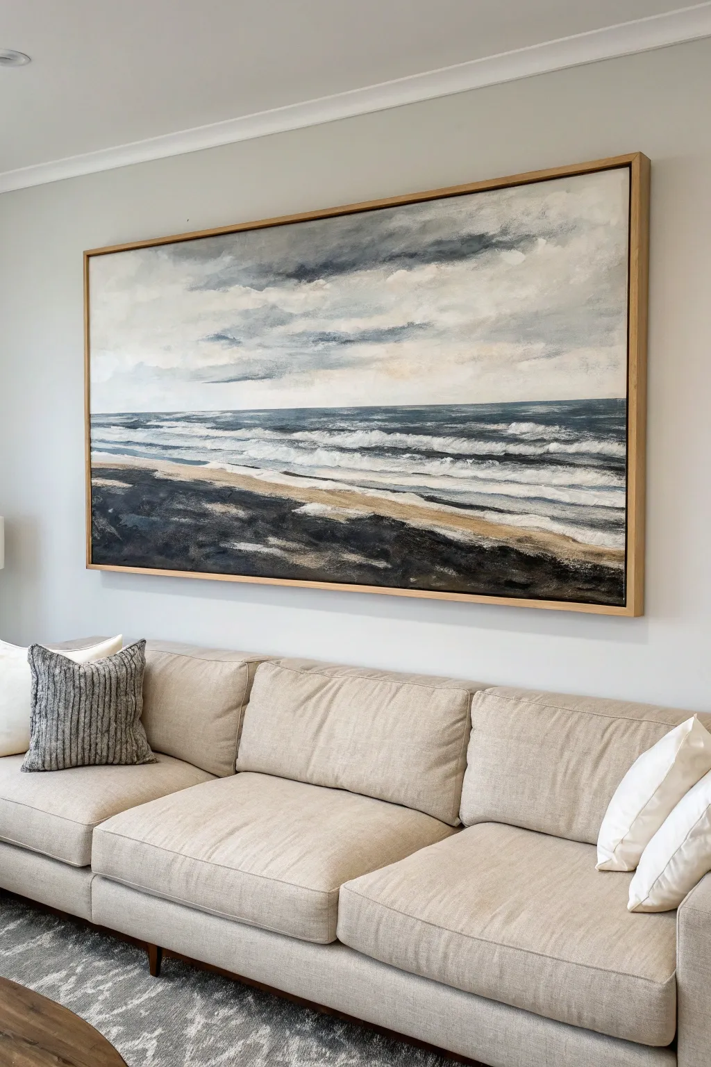 Wide landscape abstract art anchoring a sectional, minimalist Scandinavian with soft boho warmth