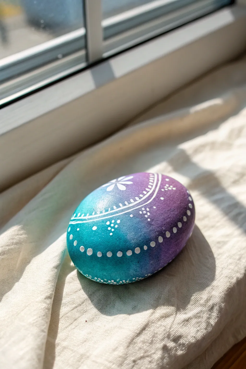 Soft teal-to-purple ombre rock with crisp white lines, a calm minimalist boho DIY idea.