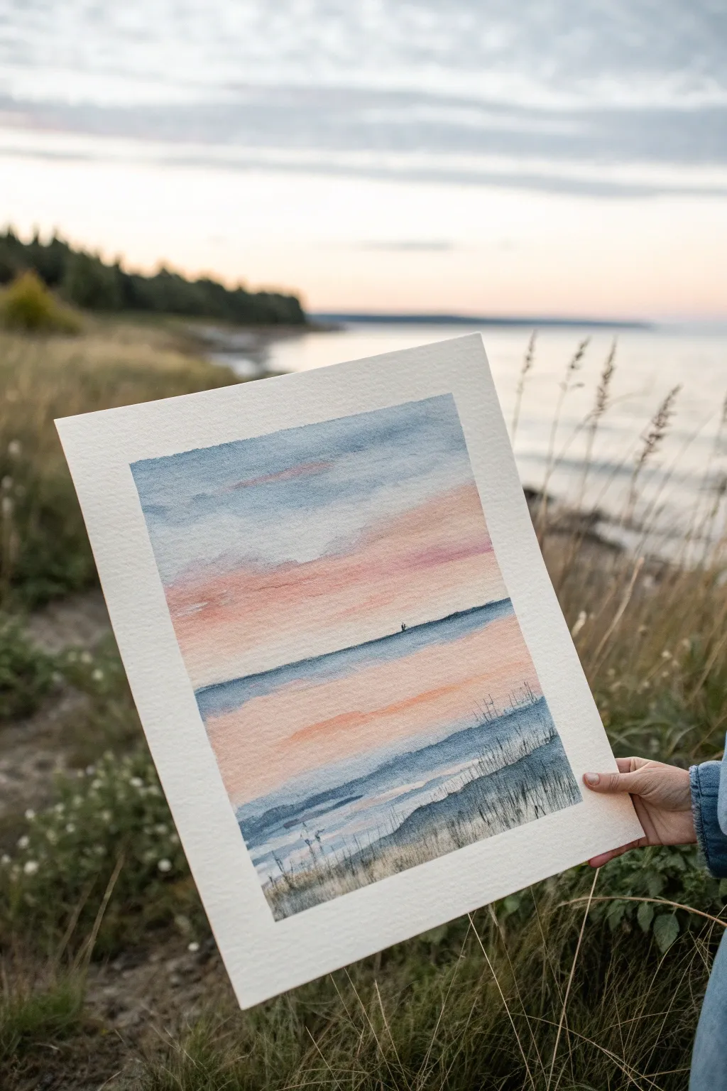 Abstract horizon bands in soft gradients and deep strokes, minimalist Scandinavian calm with boho warmth