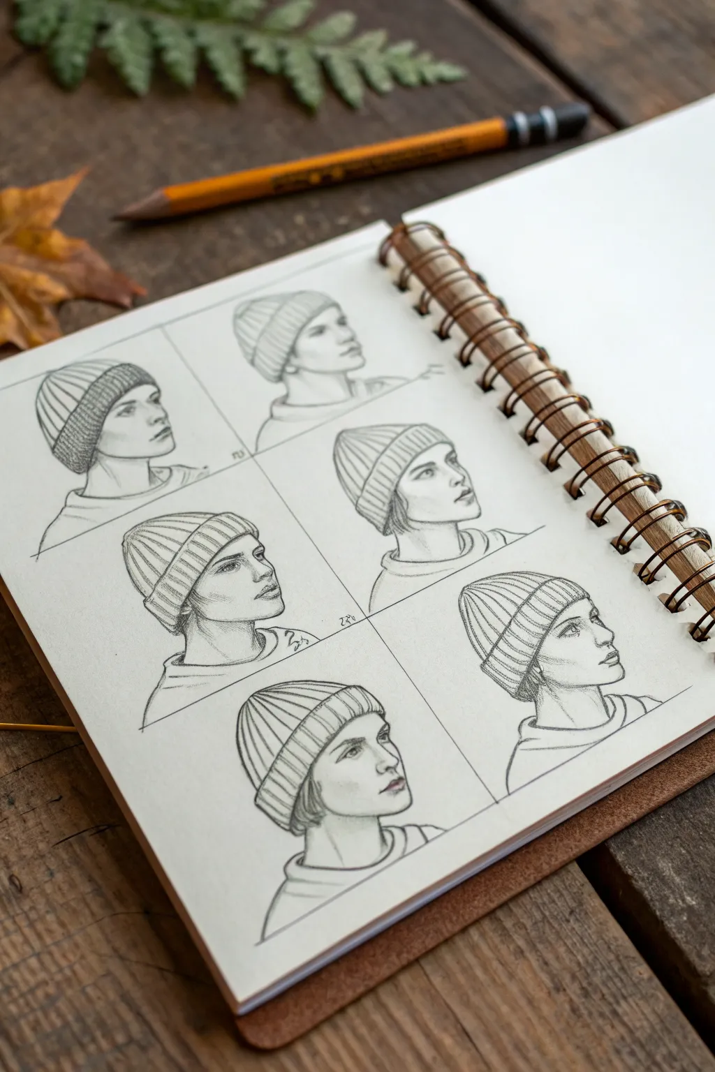 Hat silhouette matrix on one head base with light brow guidelines for accurate fit sketches