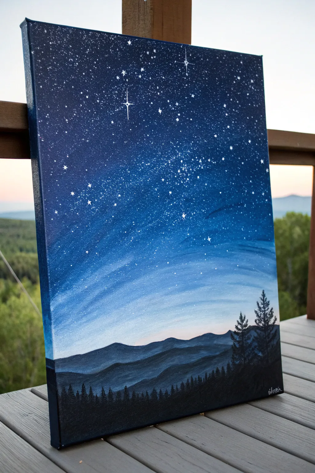 Minimalist acrylic starry night sky with bright splattered stars and a calm dark horizon silhouette