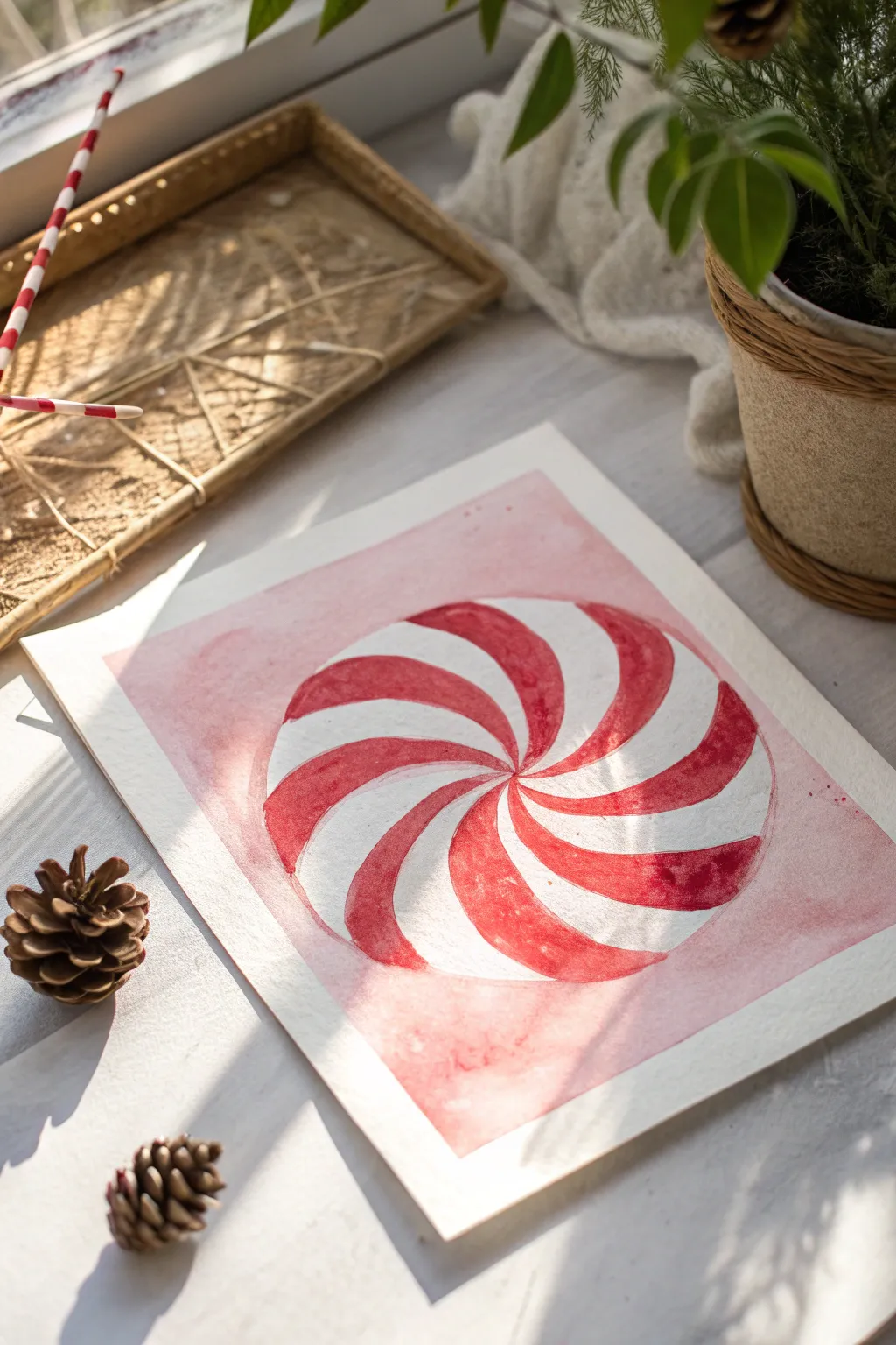 Candy cane stripes and peppermint swirls in a minimalist acrylic study with crisp contrast