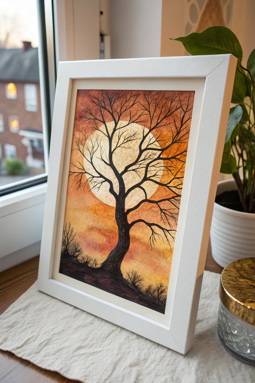 Minimal acrylic spooky branch frame with glowing moon, perfect for chic Scandinavian Halloween decor