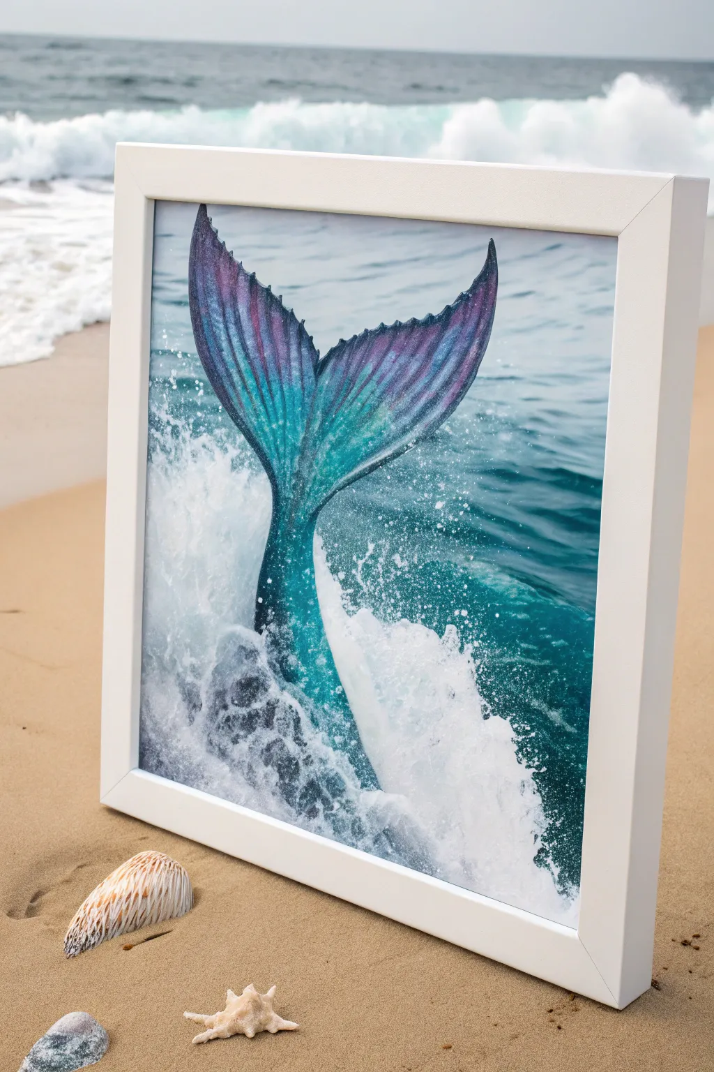 Acrylic mermaid tail breaking the waves, minimal palette, bold highlights and foamy splash