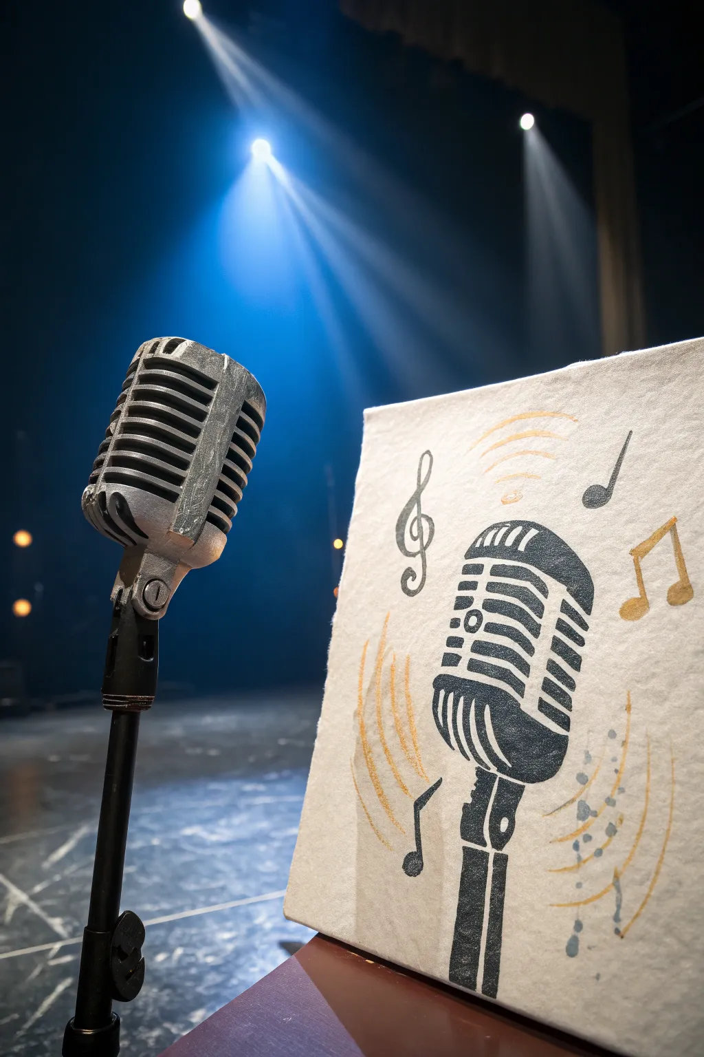 Bold acrylic microphone under a deep blue spotlight glow, with soft notes drifting outward
