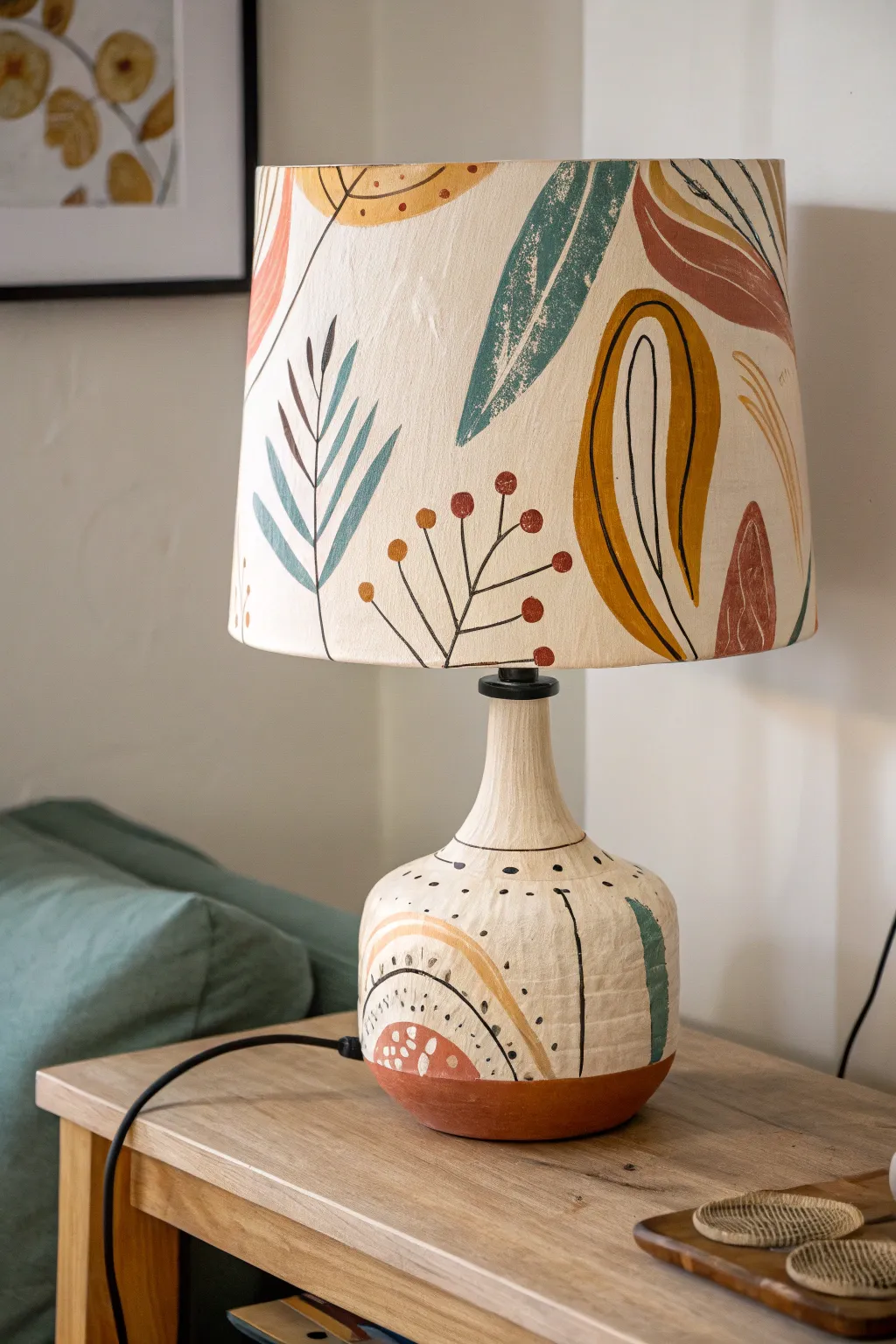 Abstract color-patchwork acrylic lampshade with thin black lines, styled in airy Nordic light.